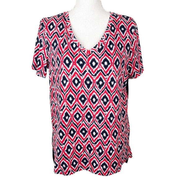 Jones New York Blouse Women Medium Cherry Red Combo Mixed Media V-Neck Top NWT - Picture 1 of 10